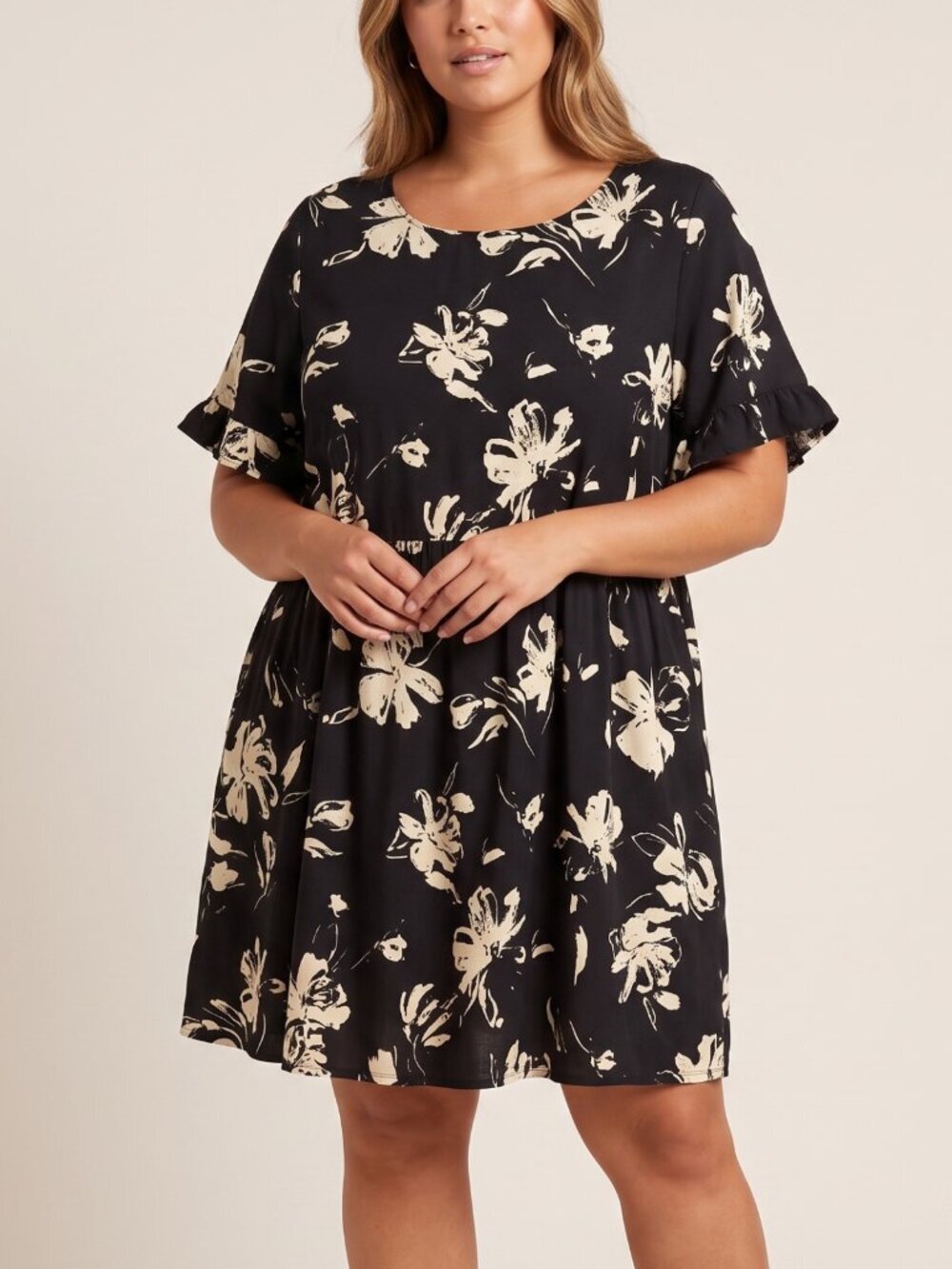 NWT | YESNO | Black | Floral Babydoll Short Sleeve Dress | 2XL